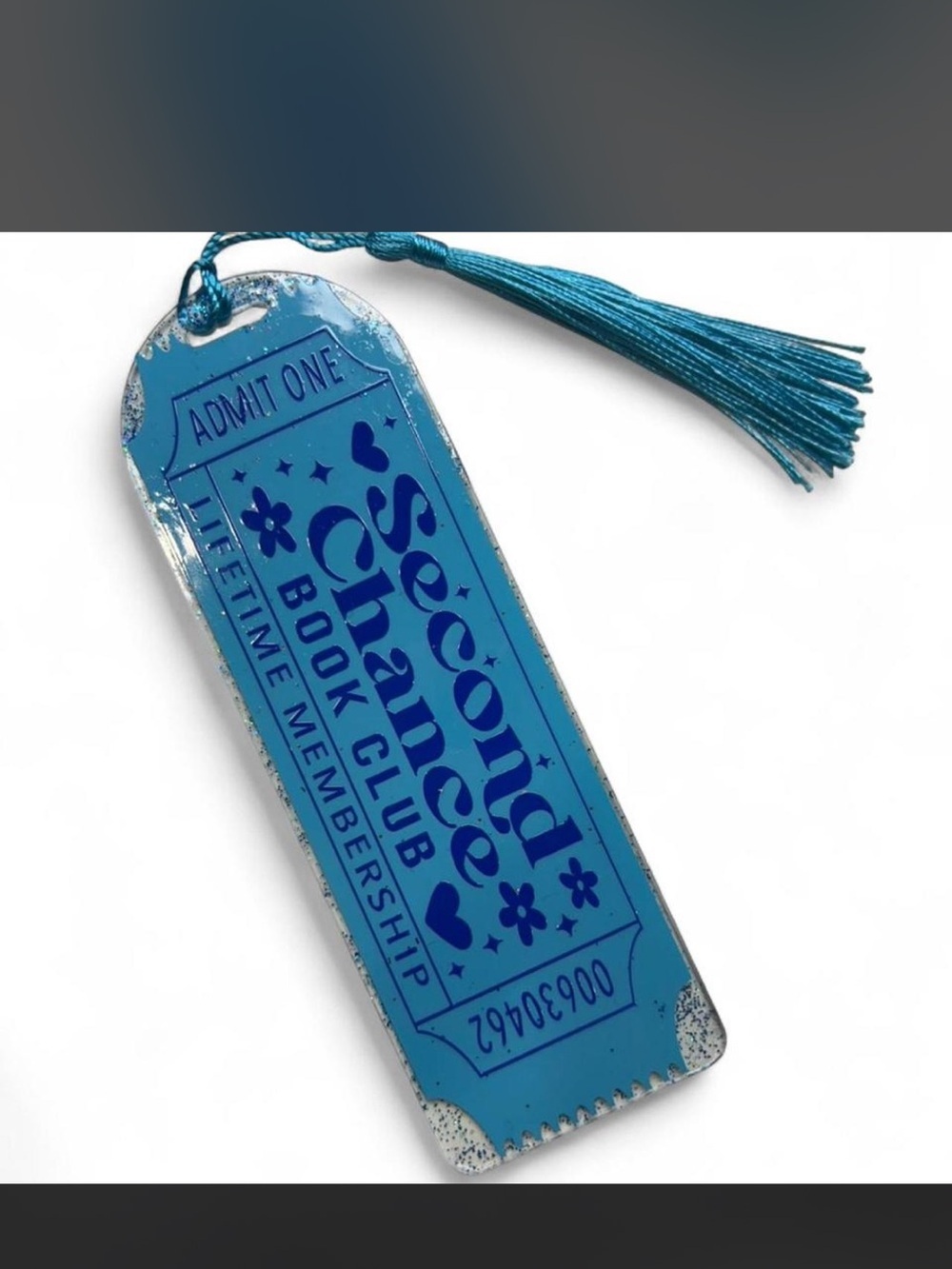 Second Chance Book Club Blue Tassel Glitter Bookmark